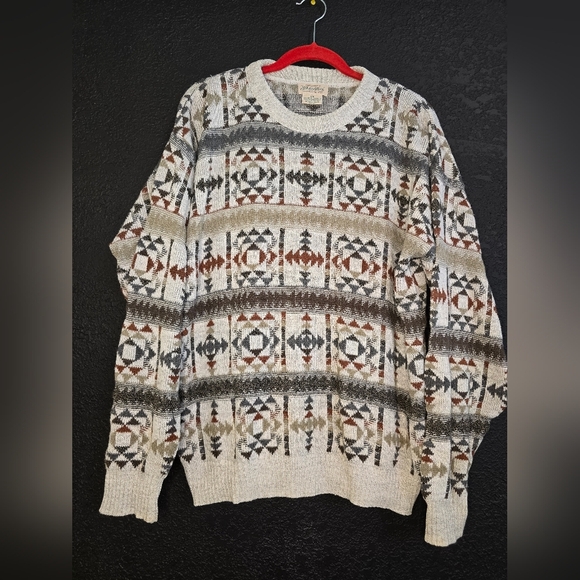 Vintage Men’s Knit Patterned Sweater Natural White Blue Cotton Blend Sz Large - Picture 1 of 10